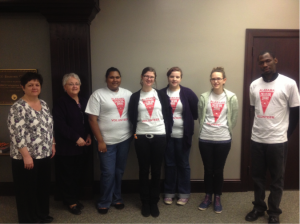 University of Montevallo Financial Aid Officers Kim Miller and Maria Parker, Blueprints Mentor Ashley Humphrey, AmeriCorps*VISTA Courtney Bennett, Blueprints Mentor Darlena Garner, Blueprints Program Coordinator Hannah Selles, and Blueprints Volunteer Jay Causey at a FAFSA completion event in Montevallo.